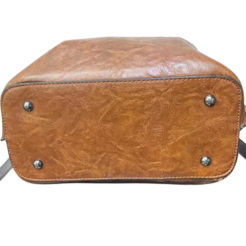 Rofozzi Cognac Brown Vegan Leather Satchel Crossbody Bag Floral Lining‎ Gunmetal